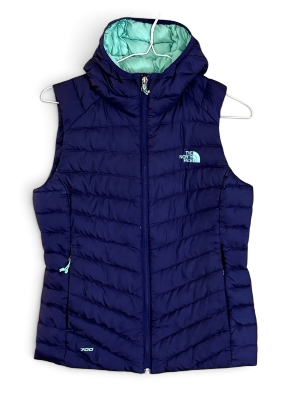 The North Face Tonnerro 700 Purple and Teal Hooded Puffer Vest